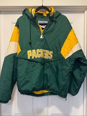 Vintage Pro Starter NFL Green and Yellow Hooded Pullover Jacket